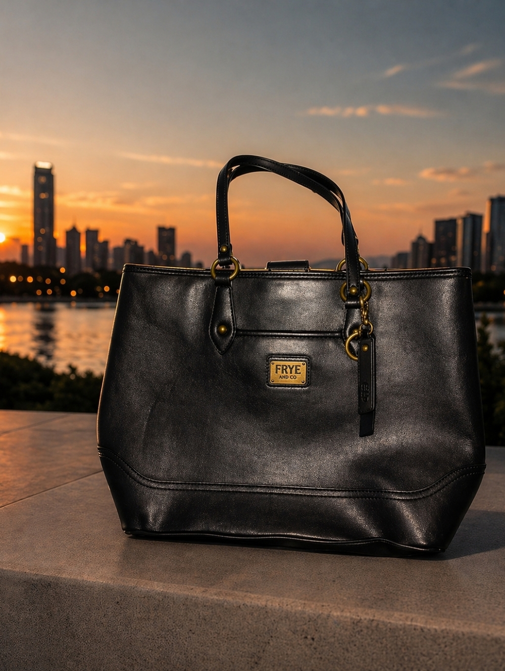 Frye & Co Sophisticated Black Vegan Leather Tote Timeless Purse Large 17x12